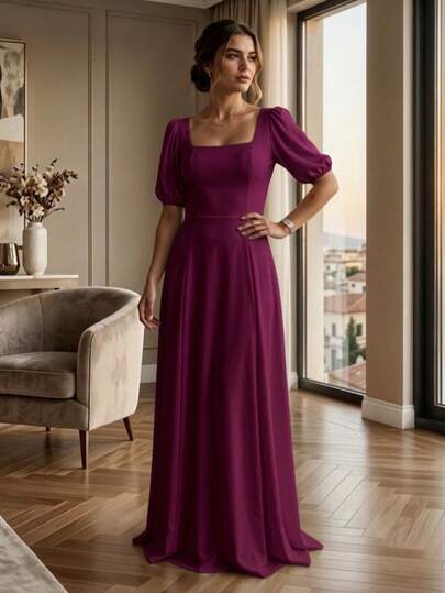 Vestido Elegante de Corte Holgado con Escote Cuadrado Mangas Cortas para Mujer