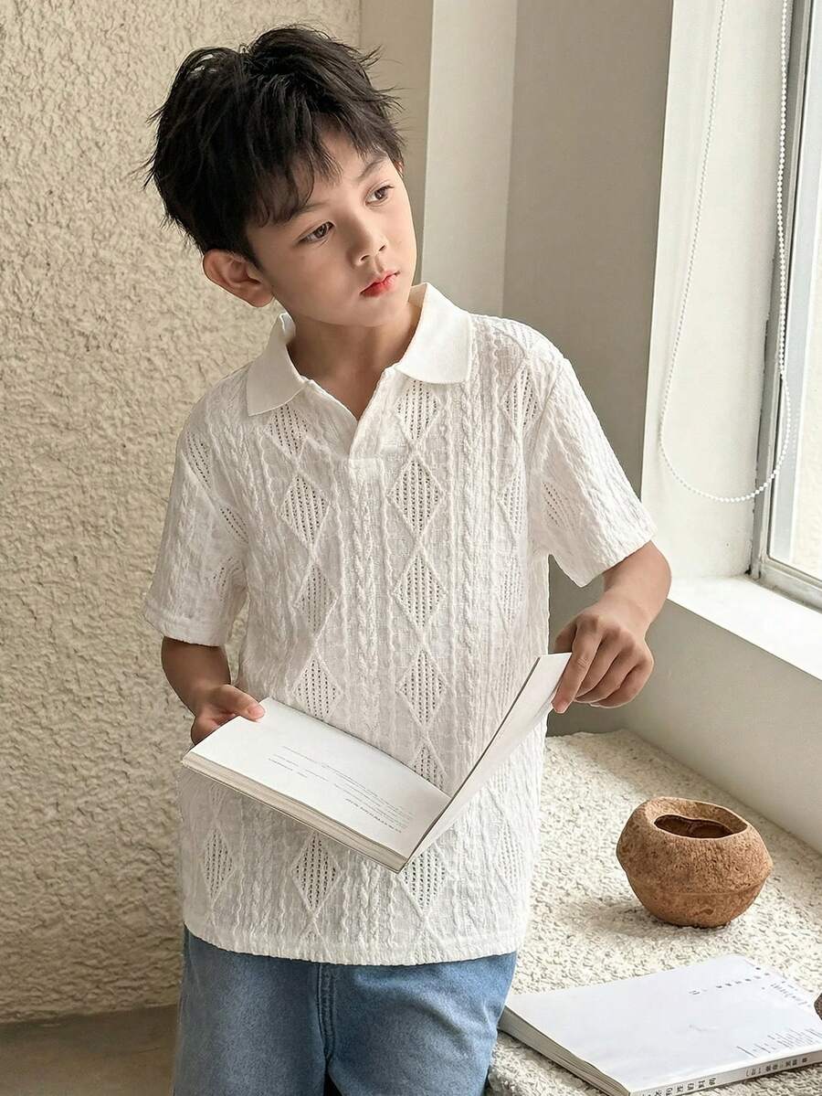 SHEIN Áo polo tay ngắn màu trơn có cổ dành cho bé trai tuổi teen - trắng - Xem 1