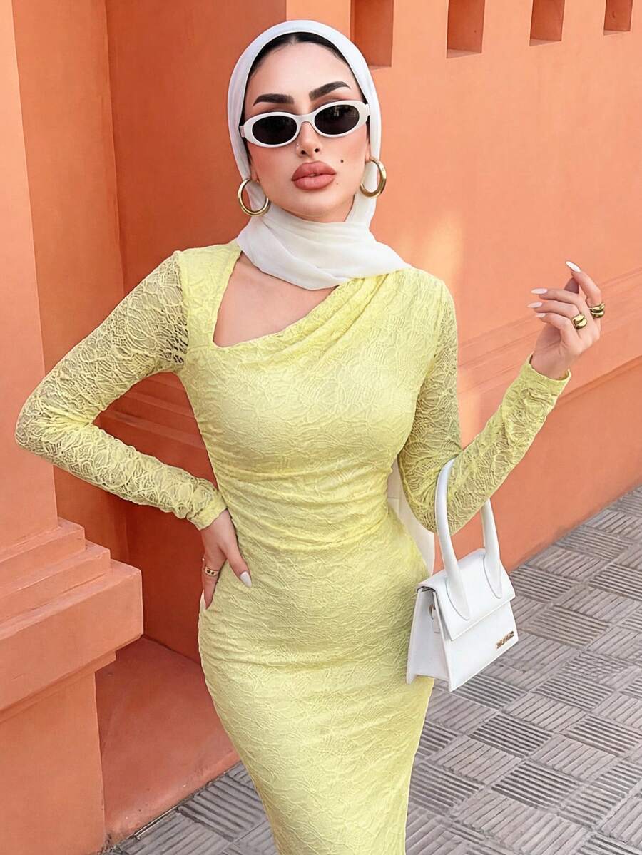 Elenzga فستان طويل أنيق للمناسبات الرسمية والحفلات، من قماش مضلع مكنوك بتصميم ياقة متباينة باللون الأصفر الكريمي، للخريف - أصفر فاتح - مشاهدة 1