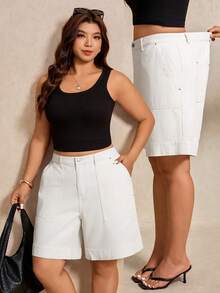 Quần short denim co giãn màu trắng cỡ lớn dành cho nữ hiệu Elaquor, thích hợp cho mùa xuân hè, chất liệu denim thoải mái, thanh lịch và dễ chịu. - Màu be - Xem 4