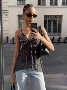 Áo hai dây cổ chữ V bằng lưới đính đá MAIJA dành cho kỳ nghỉ hè - màu đen - Xem 2