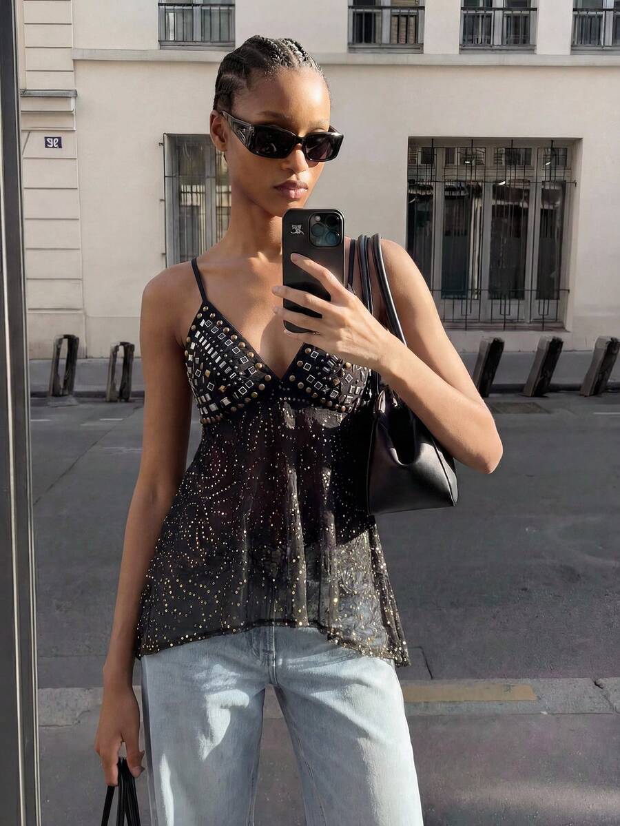 MAIJA Summer Vacation Rhinestone Mesh V Neck Spaghetti Strap Cami Top - Black - View 1