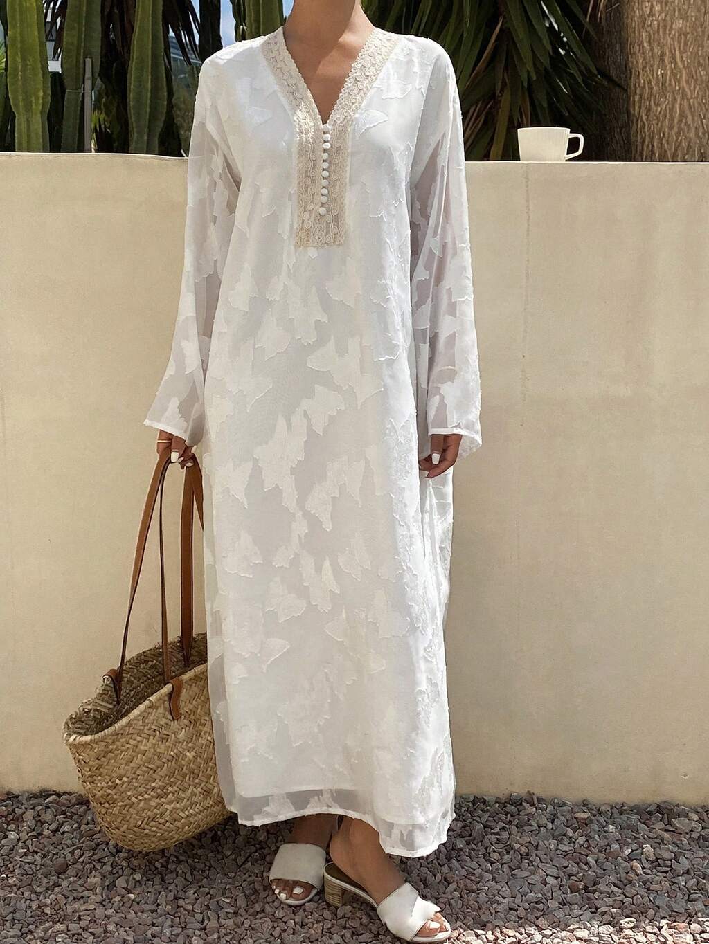 Summer Vacation Outfit Lace Patchwork Loose V-Neck Mid-Length Dress For Women