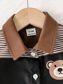 SHEIN Playful Pals 6-36个月男女宝宝两件套，男宝宝卡其色条纹小熊印花短袖衬衫+纯色弹力腰短裤，春夏儿童休闲套装，适合6个月至3岁宝宝。 - 棕色 - 查看 4