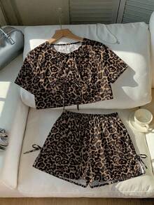 SHEIN LUNE Plus Size Summer Casual Leopard Print Shirt And Shorts 2 Pieces Set Curve Outfit Vacation Outfits Women Ootd For S - Multicolor - View 3