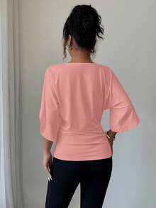 Elenzga Casual Solid Color Batwing Sleeve V-Neck T-Shirt, Summer - Baby Pink - View 2