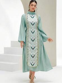 Al Najma 女士优雅复古印花拼接阿拉伯风格连衣裙 - 綠色 - 查看 4