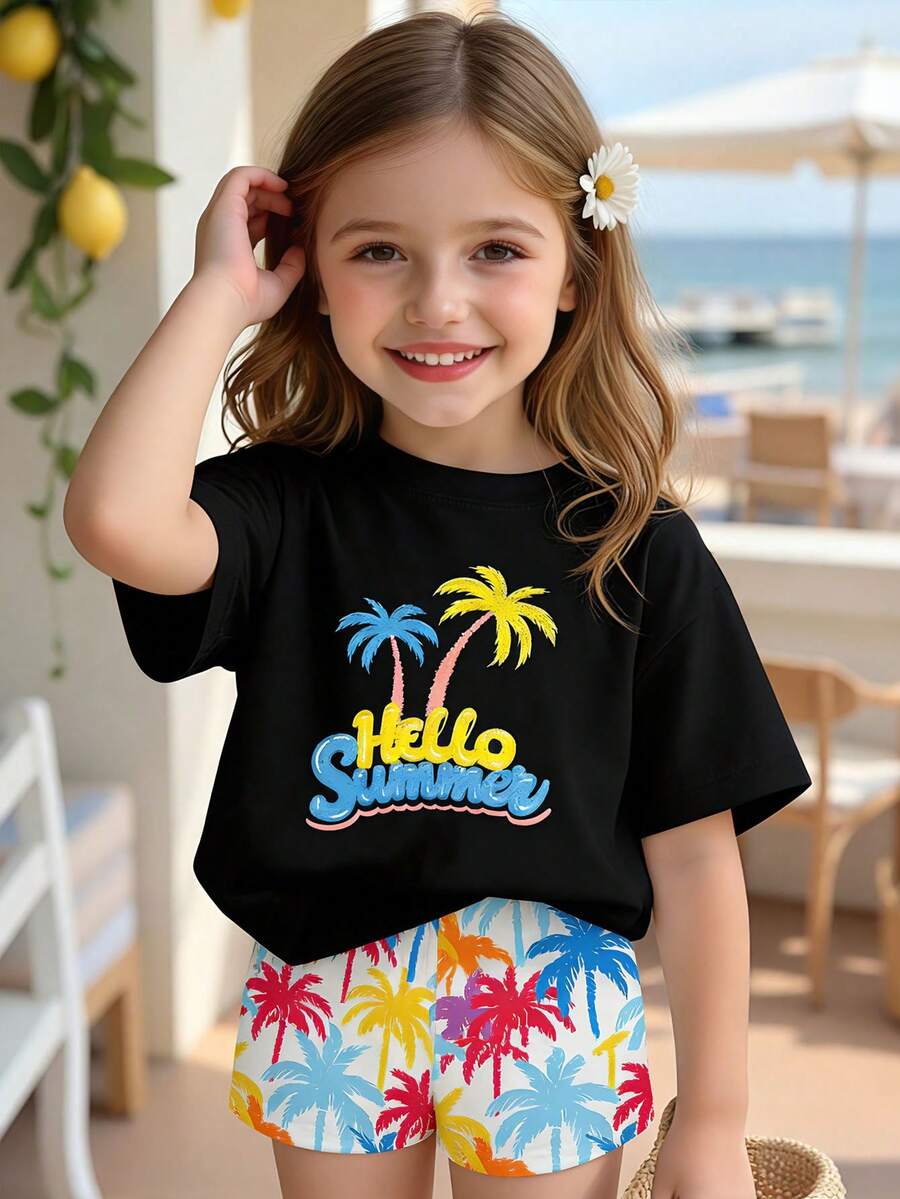 SHEIN Setelan Kaos Lengan Pendek dan Celana Pendek Motif Pohon Kelapa Kasual Musim Panas untuk Anak Perempuan