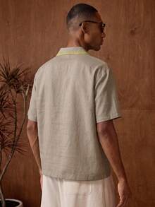 AKNOTIC 男士葉片刺繡圖案休閒短袖襯衫，卡其色，夏季，優雅獨特，度假、假日復古圖案度假風襯衫 - 綠色 - 查看 7