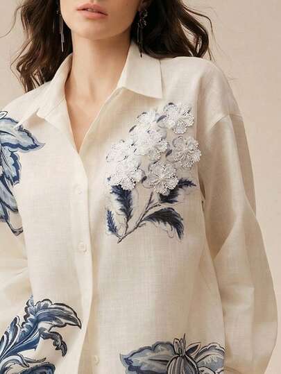  Bộ đồ 2 mảnh Anewsta dành cho nữ, màu be, họa tiết hoa, mùa xuân/hè, gồm áo tay dài dáng rộng vai rớt và quần ống rộng cạp chun, họa tiết hoa 3D phía trước, trang phục thường ngày, phù hợp cho kỳ nghỉ và đi biển.