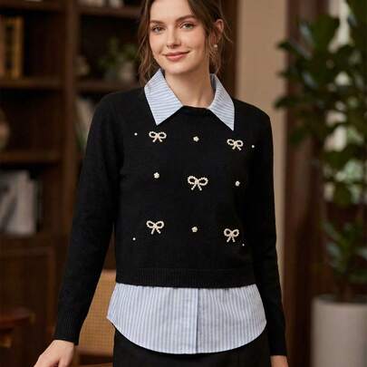 Suéter ligero casual y Elegante con detalle de moños y cuello camisero