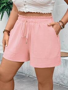 EMERY ROSE Plus Size Pink Textured Casual Shorts, Ruffle Elastic Waist Drawstring Pocket Loose Hot Pants For Summer Vacation Beach - Pink - View 5