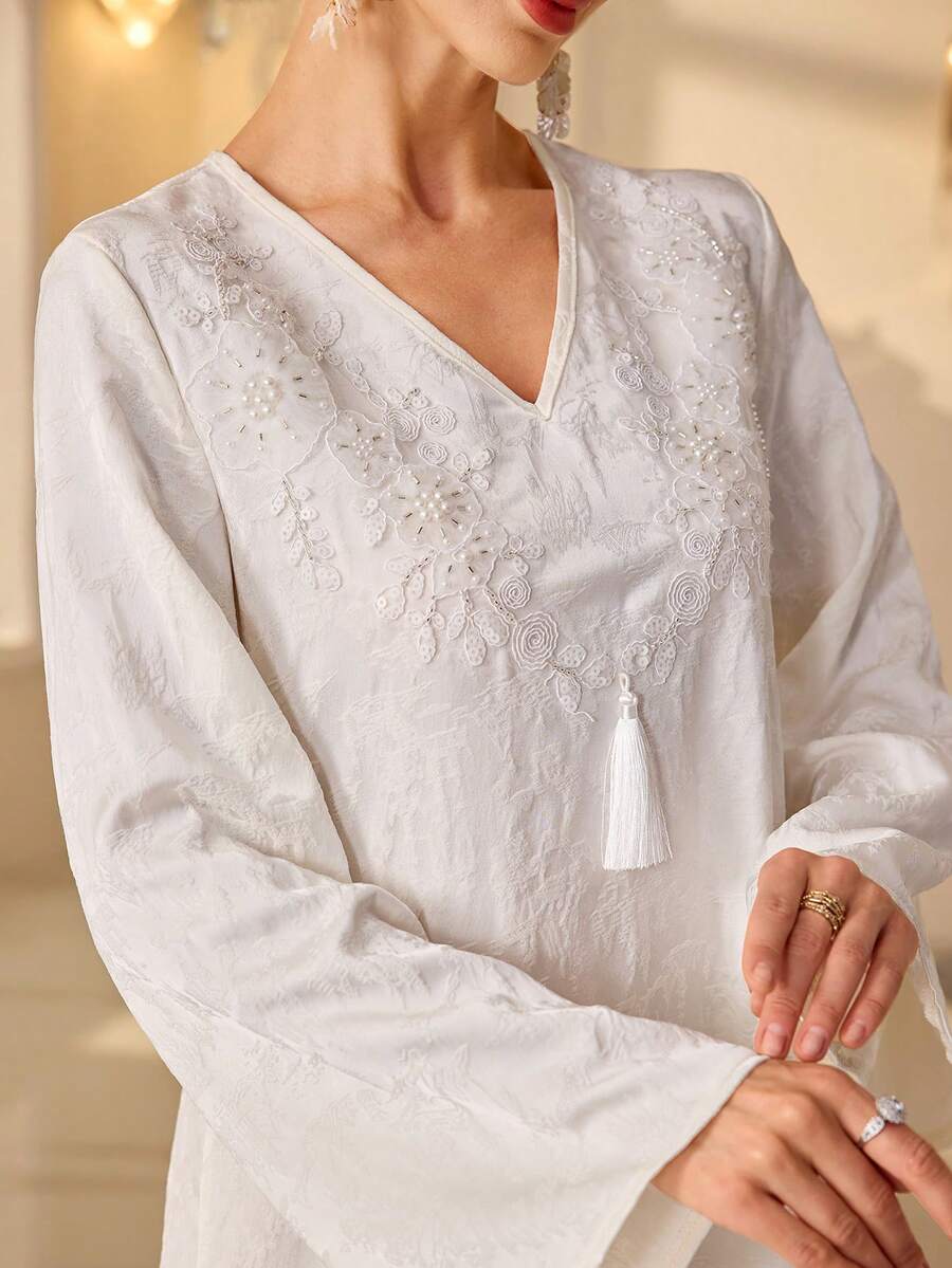 Al Najma Đầm maxi dài tay sang trọng thêu và đính cườm, phong cách truyền thống Thổ Nhĩ Kỳ và Ả Rập. - Màu be - Xem 1