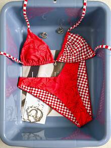Swim Mod Conjunto de bikini lindo a cuadros con conchas y estrellas de mar para vacaciones de playa primavera/verano 2026 - Rojo - Ver 6