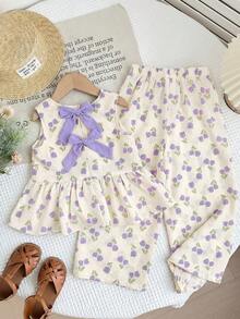 SHEIN LMoss Kids 女童夏季可爱碎花蝴蝶结装饰背心和裤子套装 - 彩色 - 查看 2