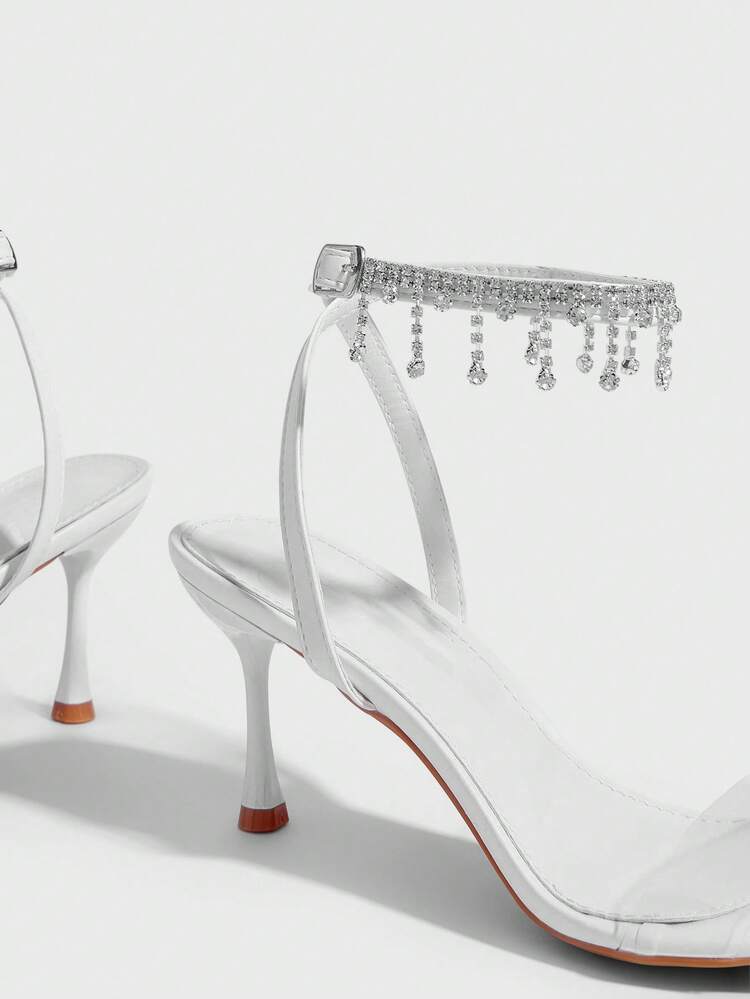 CUCCOO SZL Women Shoes Summer Pointed Slender Heel White Transparent Film Rhinestone Chain Ankle Strap Open Toe Women's Sandals Sexy Fashion Gorgeous With Skirts Banquet Party Nightclub Women's High Heel Sandals