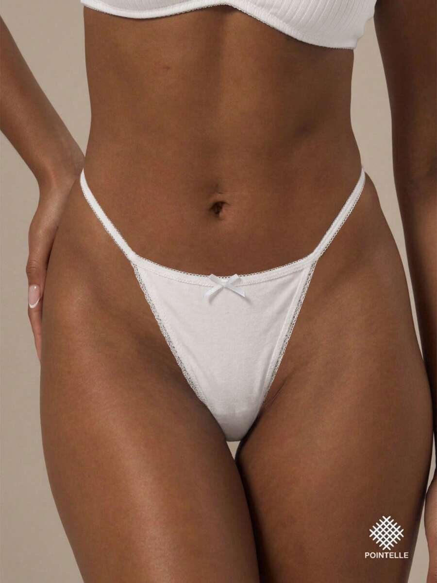 MUSERA Celana Dalam G-String dengan Detail Pita Pointelle dan Trim Picot untuk Musim Dingin, Pakaian Dalam Santai yang Nyaman, Pakaian Dalam Dasar untuk Sehari-hari, Perlengkapan Penting untuk Hari Valentine. - Putih - View 1