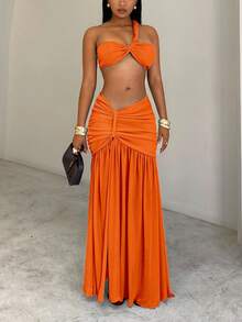 BamGleam Top de un solo hombro corto, falda larga de parche con volantes de malla, conjunto sexy de 2 piezas para vacaciones en la playa para mujeres - Naranja Coral - Ver 6