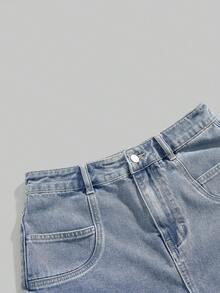 ROMWE 女士夏季新款水洗中蓝色牛仔短裤，正面花卉刺绣设计，时尚舒适的女士牛仔短裤 - 藍色 - 查看 4