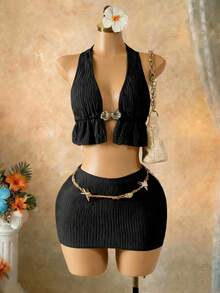 SaltGleam SaltGleam Conjunto de 2 piezas para mujer: Top de cuello halter en tela texturizada verde, uso casual/de viaje/vacaciones, broche de metal, bajo con volantes; Minifalda ajustado, primavera/verano - Negro - Ver 3