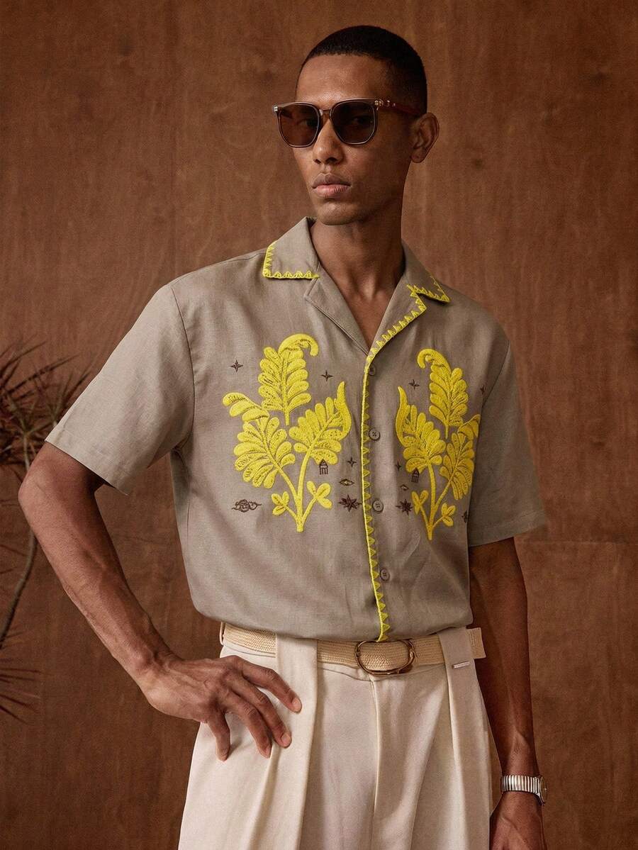 AKNOTIC 男士葉片刺繡圖案休閒短袖襯衫，卡其色，夏季，優雅獨特，度假、假日復古圖案度假風襯衫