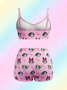 THE POWERPUFF GIRLS X SHEIN Conjunto de camiseta y pantalón corto con estampado de flor, burbujas y botón de mujer - Rosa - Ver 7