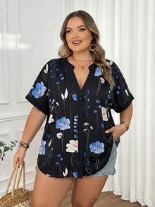 SHEIN CURVE+ 大码女式休闲宽松碎花短袖衬衫，春夏教师制服 - 黑色 - 查看 9
