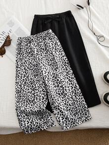 Genkimix Kids 2 Stücke/Set Mädchen modisches Lässig Outfit, Schleife Dekor gerade geschnittene Hose, Leoparden Muster + Schwarz Kombination, geeignet für täglichen Herbsttragekomfort - Verschiedenfarbig - Übersicht 1
