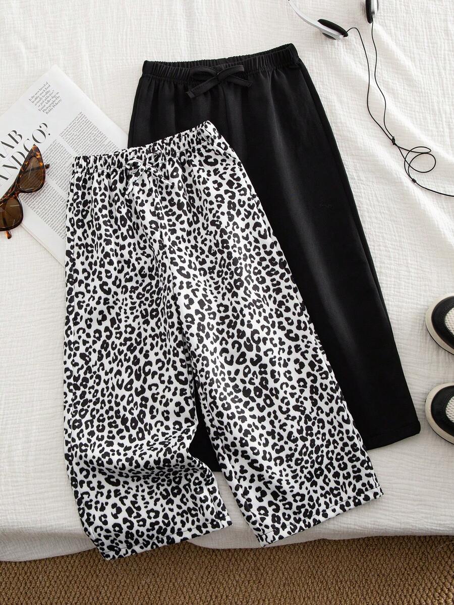 Genkimix Kids 2 Stücke/Set Mädchen modisches Lässig Outfit, Schleife Dekor gerade geschnittene Hose, Leoparden Muster + Schwarz Kombination, geeignet für täglichen Herbsttragekomfort - Verschiedenfarbig - Übersicht 1