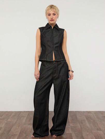 COUREZ Sleeveless Zip Thru Denim Top In Rinse Wash /Y2K Summer Clothes For Women Black Tops Sleeveless Tops Summer Outfits Going Out Outfits Festival Outfits Concert Outfits Y2K Tops