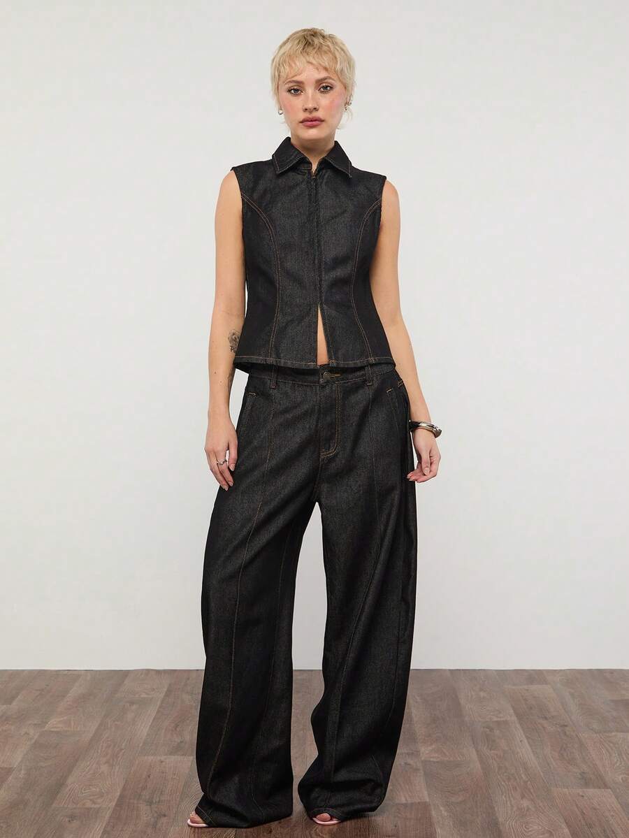 COUREZ 无袖拉链牛仔上衣，水洗效果 / Y2K 夏季女装 黑色上衣 无袖上衣 夏季穿搭 外出穿搭 音乐节穿搭 演唱会穿搭 Y2K 上衣 - 黑色 - 查看 1