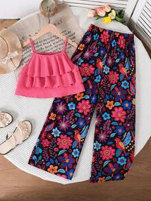 SHEIN Sparklyn Tween Girls Vacation Set, Layered Ruffle Camisole + Floral Print Wide Leg Pants, & Elegant For Daily , Beach Trip, Photo Shoot - Multicolor - View 3