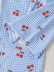 SHEIN Elladie kids 少女简约时尚蓝白格纹樱桃印花无袖上衣搭配宽松直筒裤套装，活力四射的春夏日常穿搭 - 藍色 - 查看 6