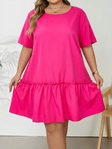 SHEIN CURVE+ 大码荷叶边下摆娃娃衫度假连衣裙，夏季 - 玫紅色 - 查看 6