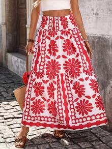SHEIN PETITE Chân váy midi họa tiết hoa hình học đỏ trắng, eo chun co giãn + gấu váy xòe xếp tầng, kiểu dáng váy dài đi nghỉ mát. - Đỏ - Xem 5