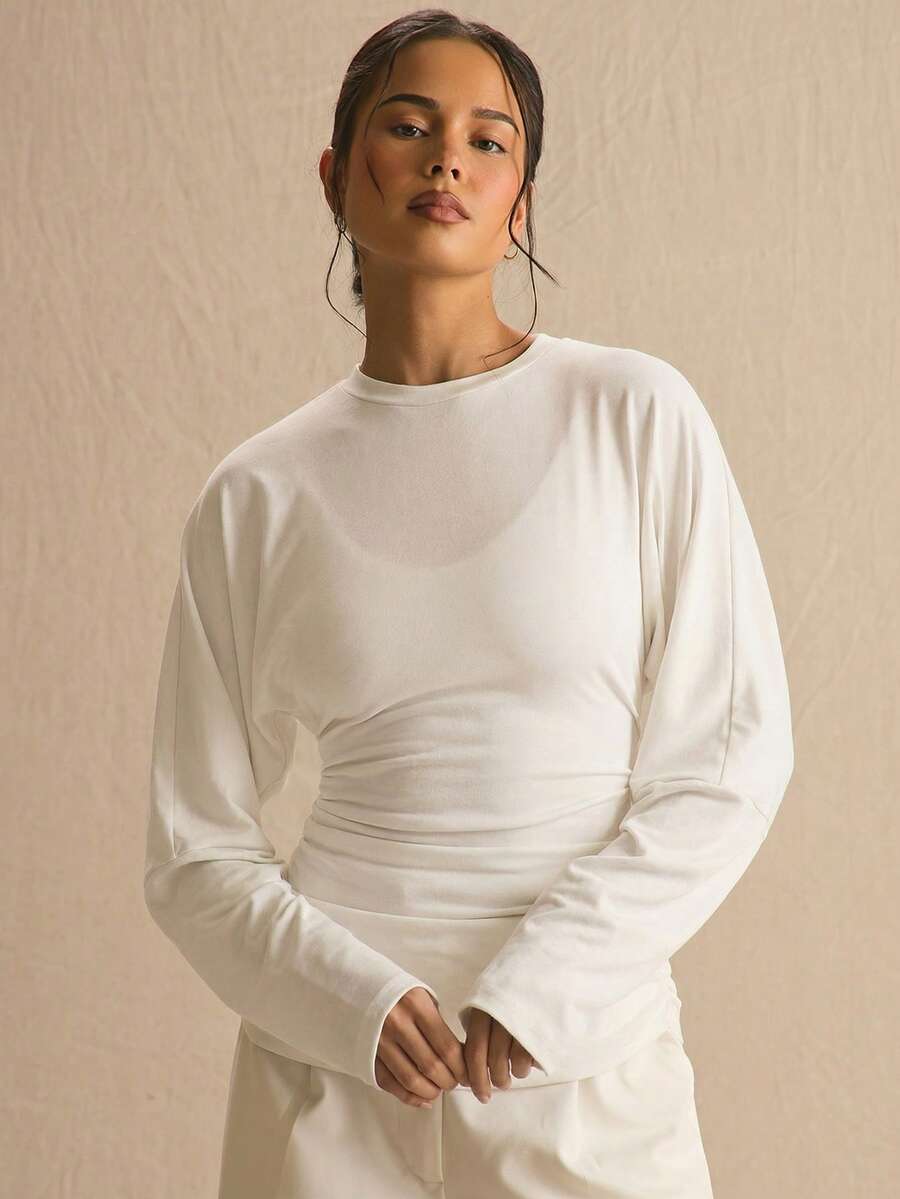 MUSERA Solid Cinched Ruched Waist Batwing Long Sleeve Top , Spring Fall , Casual Elegant Work Office Mother's Day - White - View 1