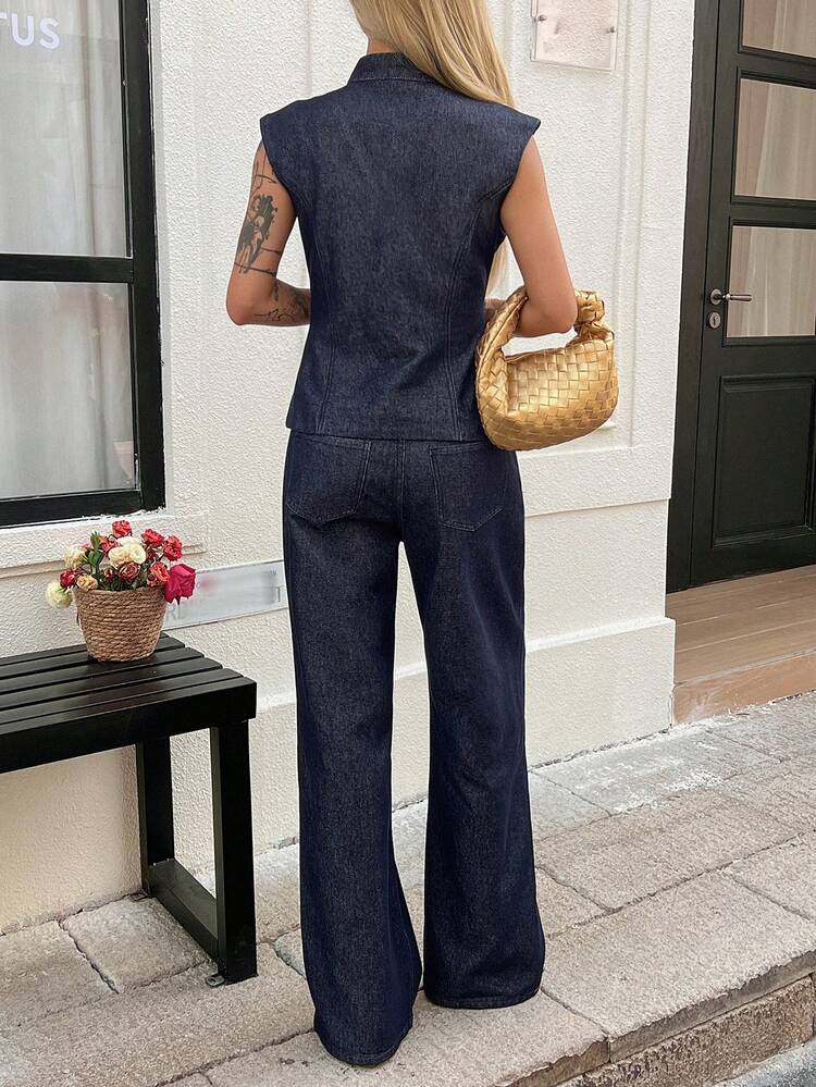 Women's Cotton Sleeveless Mock Neck Fitted Top And Casual Straight Leg Jeans Suit, Suitable For Commuting And Office, Summer