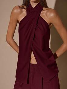 SHEIN BAE Women's Solid Brown/Coffee Color Elegant Halter Backless Blouse, Wrap Style Shirt For Autumn/Winter,Summer Top - Burgundy - View 6