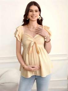 SHEIN Áo sơ mi bầu dáng casual kẻ sọc, cổ chữ V, thắt nơ và viền bèo nhún, tay ngắn. - Màu vàng - Xem 1