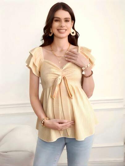 SHEIN 孕妇休闲条纹衬衫，心形领口，蝴蝶结领口，荷叶边下摆，短袖