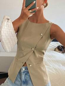 DAZY Women's Sleeveless Solid Color Waist Gathered Oblique Collar Split Pearl Button Elegant Formal Summer Blouse School - Khaki - View 6