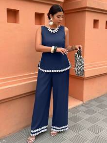 Bộ jumpsuit không tay xẻ tà phối màu tương phản dành cho nữ cỡ lớn, trang phục thường ngày đi nghỉ mát, thời trang đường phố. - Màu xanh hải quân - Xem 4