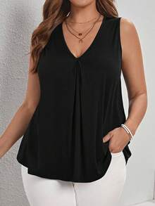 SHEIN LUNE Blusa casual de talla grande con cuello en V y pliegues, de unicolor, para primavera/verano - Negro - Ver 1