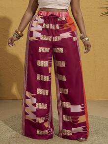 Maweii Pantalon ample décontracté avec imprimé bloc coloré et grandes poches, design mode minimaliste de style vacances et rue. Tenue d'été essentielle pour femmes grandes tailles, idéal pour le printemps/été - Multicolore - Voir 3