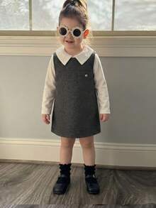 Hapijoa Toddler Girls' Korean Style Casual Round Neck Mid-Length Dress, Autumn/Winter - Grey - View 4