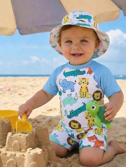 SHEIN 男婴休闲可爱动物卡通印花泳衣套装，可爱风格，适合户外、游泳、温泉、海滩、冲浪，修身圆领短袖短裤套装，夏季款