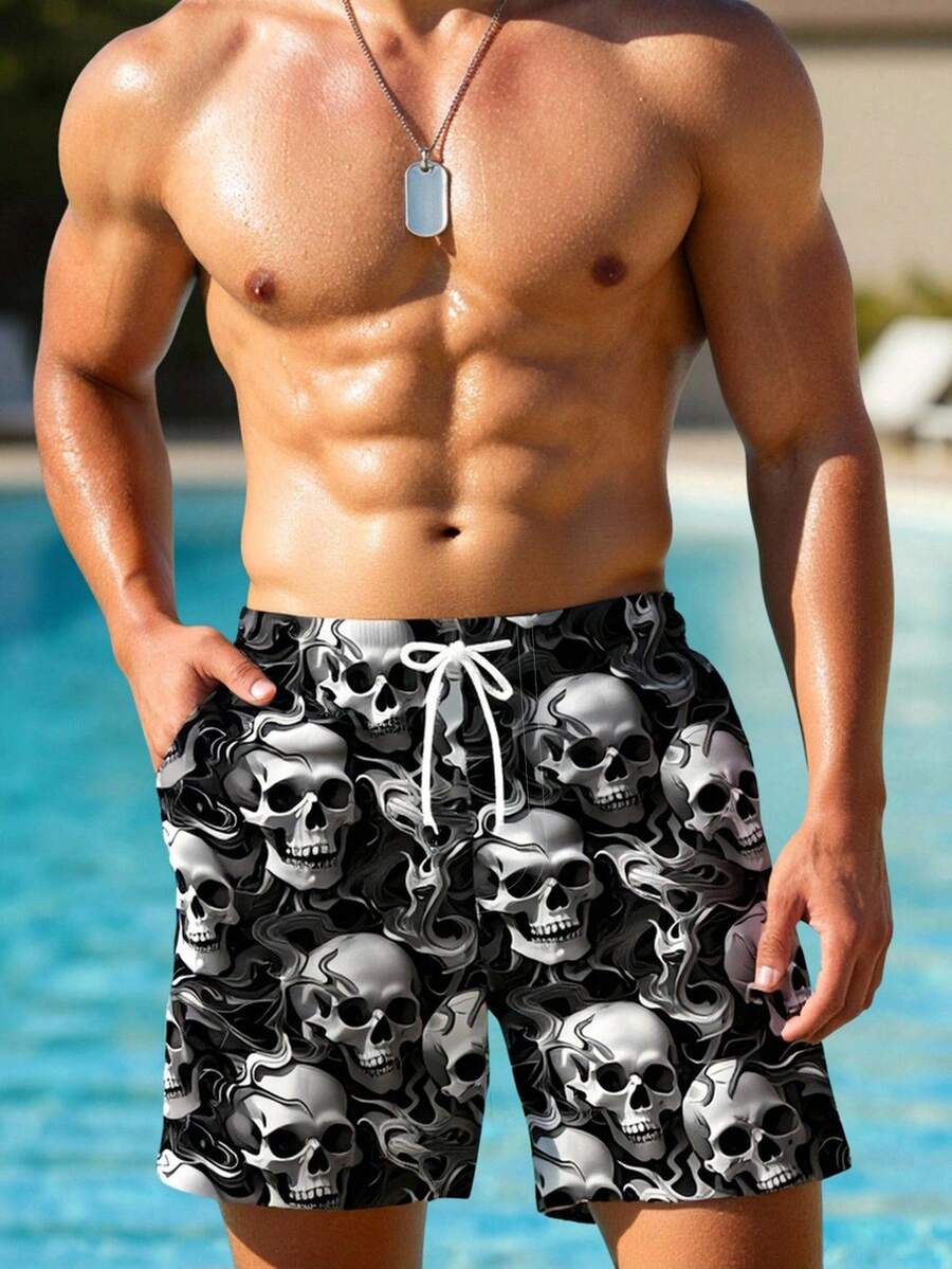 Solantero Men's Skull Print Casual Beach Shorts With Pockets And Drawstring, Summer - Grey - View 1