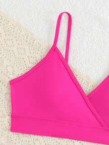 Teen Girls' Solid Color Minimalist Everyday Bikini Sets, 3pcs/Set - Hot Pink - View 4