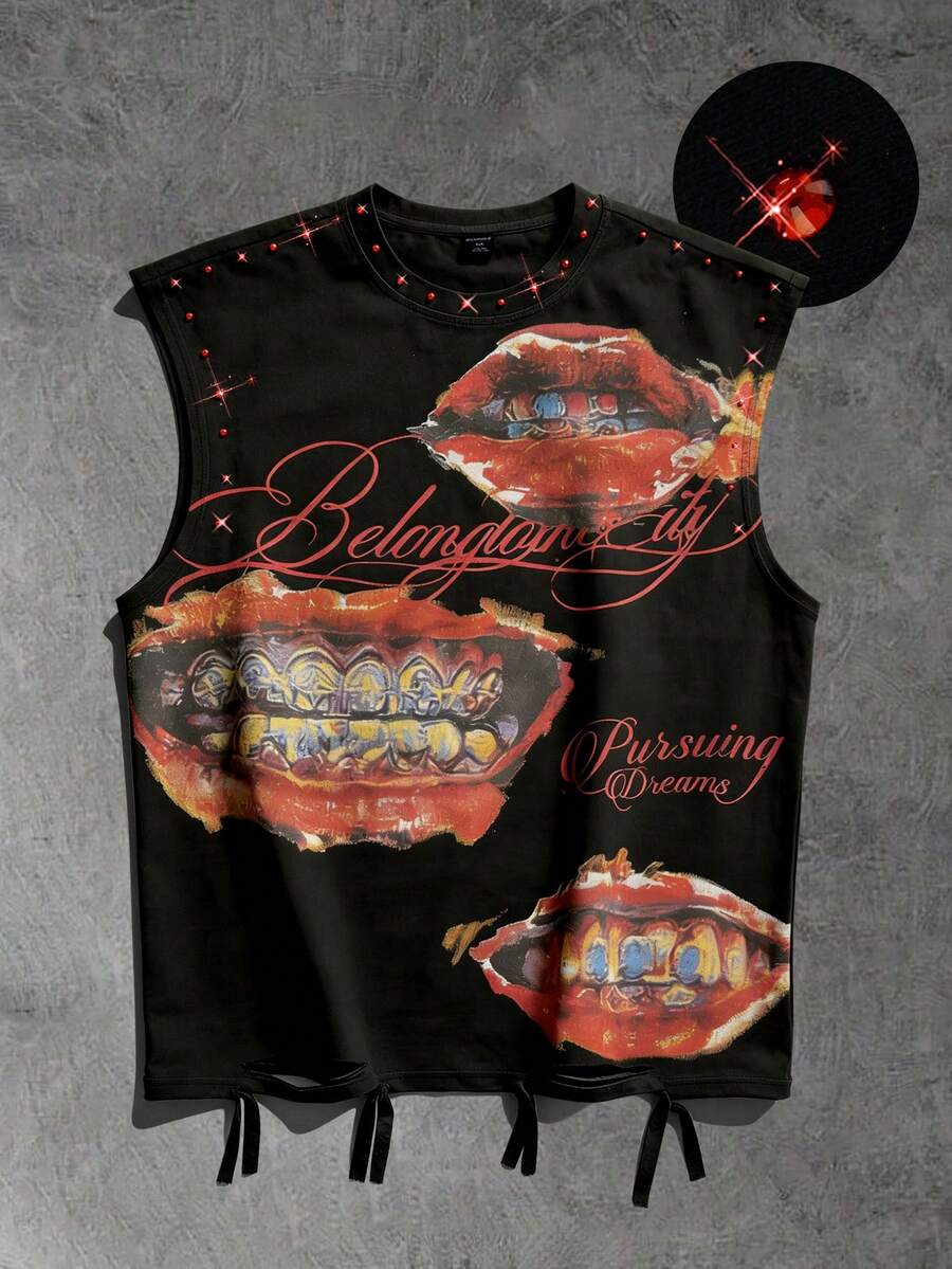 ROMWE MEN Street Life Punk Style Street Graphic Print Sleeveless Crew Neck Tank Top With Rhinestones & Distressed Details, Men Summer - Black - View 1