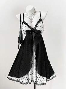 Sunspun Plus Size Polka Dot Contrast Color Bow Tie Strap Dress, Spring/Summer - Black and White - View 5